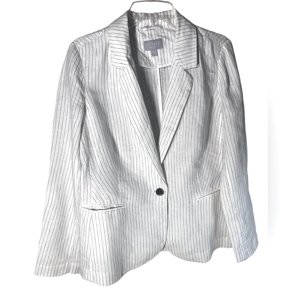 Pure Blazer White Pinstriped Linen Blazer Sz 8 10